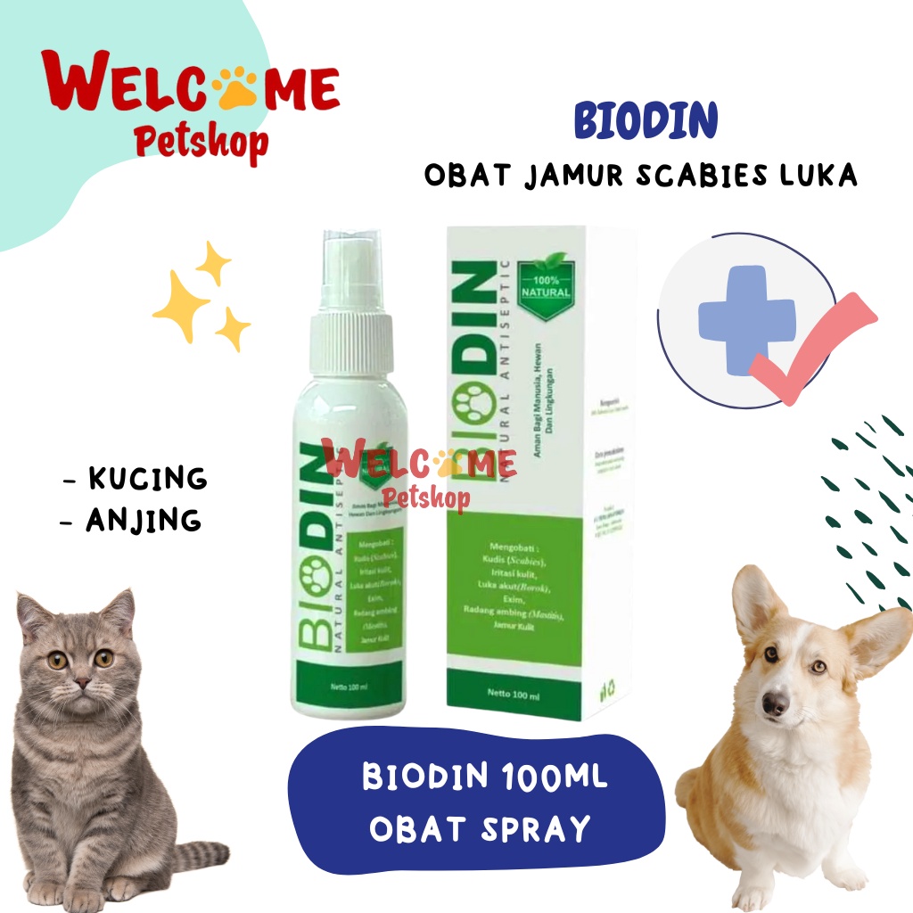 Biodin Spray Obat 100ml Anjing Kucing Anti Jamur Luka Scabies Parasit