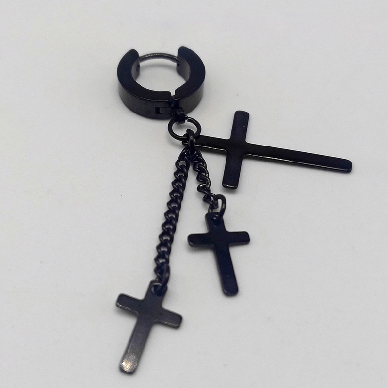 Anting Piercing Tindik Telinga Desain Salib Warna Hitam Bahan Stainless Steel 18g untuk Wanita