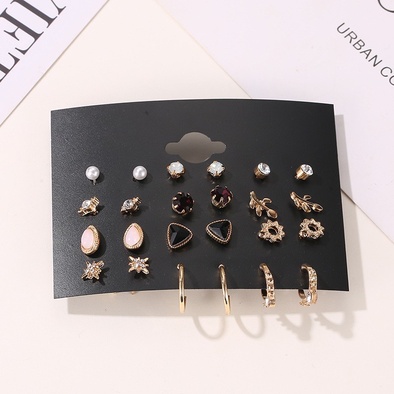 Anting Fashion Set 12 Pasang Anting-Anting Logam Geometris Anting-Anting Pejantan Berlian Sederhana Mini