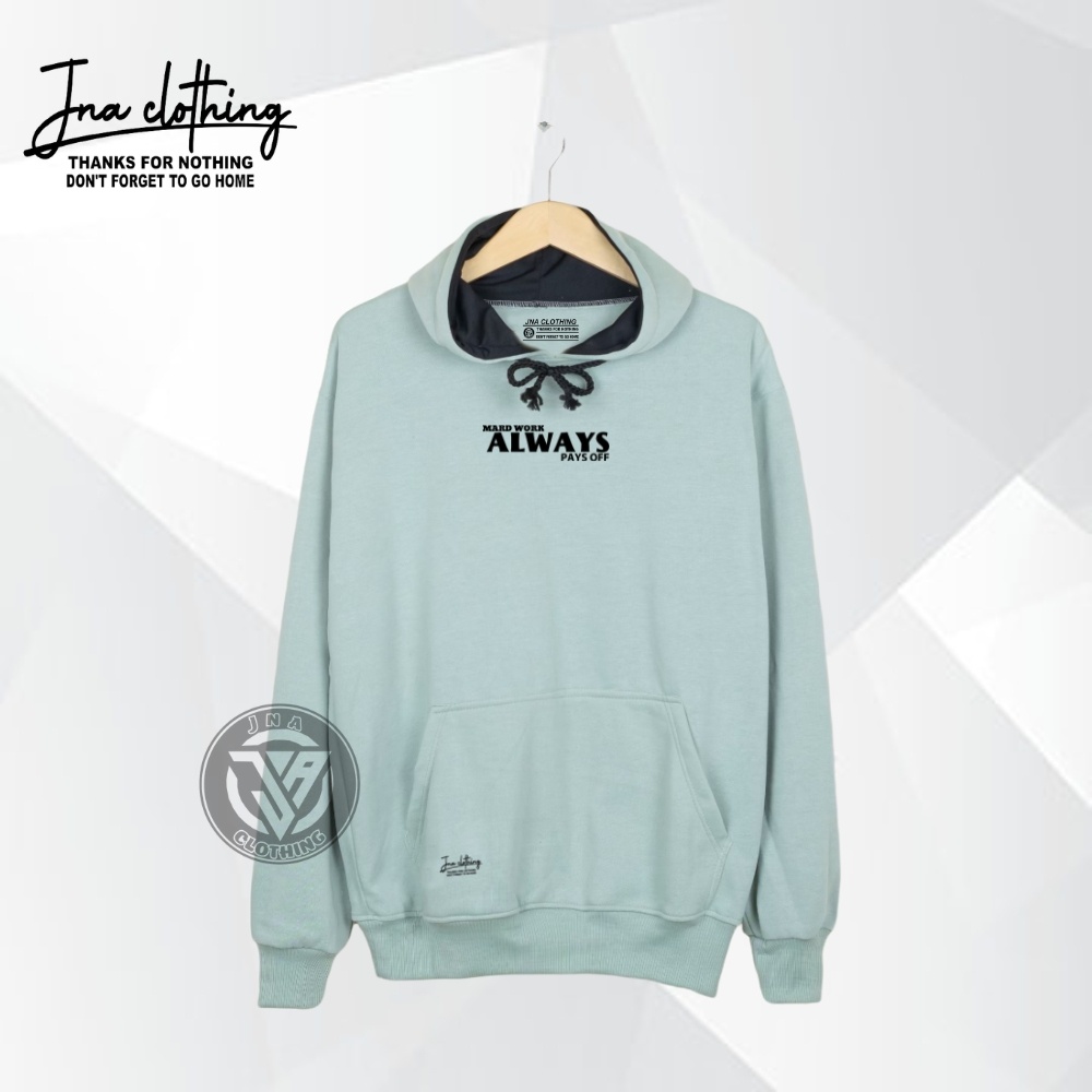 JNA Sweater Hoodie Pria Warna Hijau Mint Sablon List Always Lengan Panjang Bahan Cotton Flecee Tebal Gramasi 280