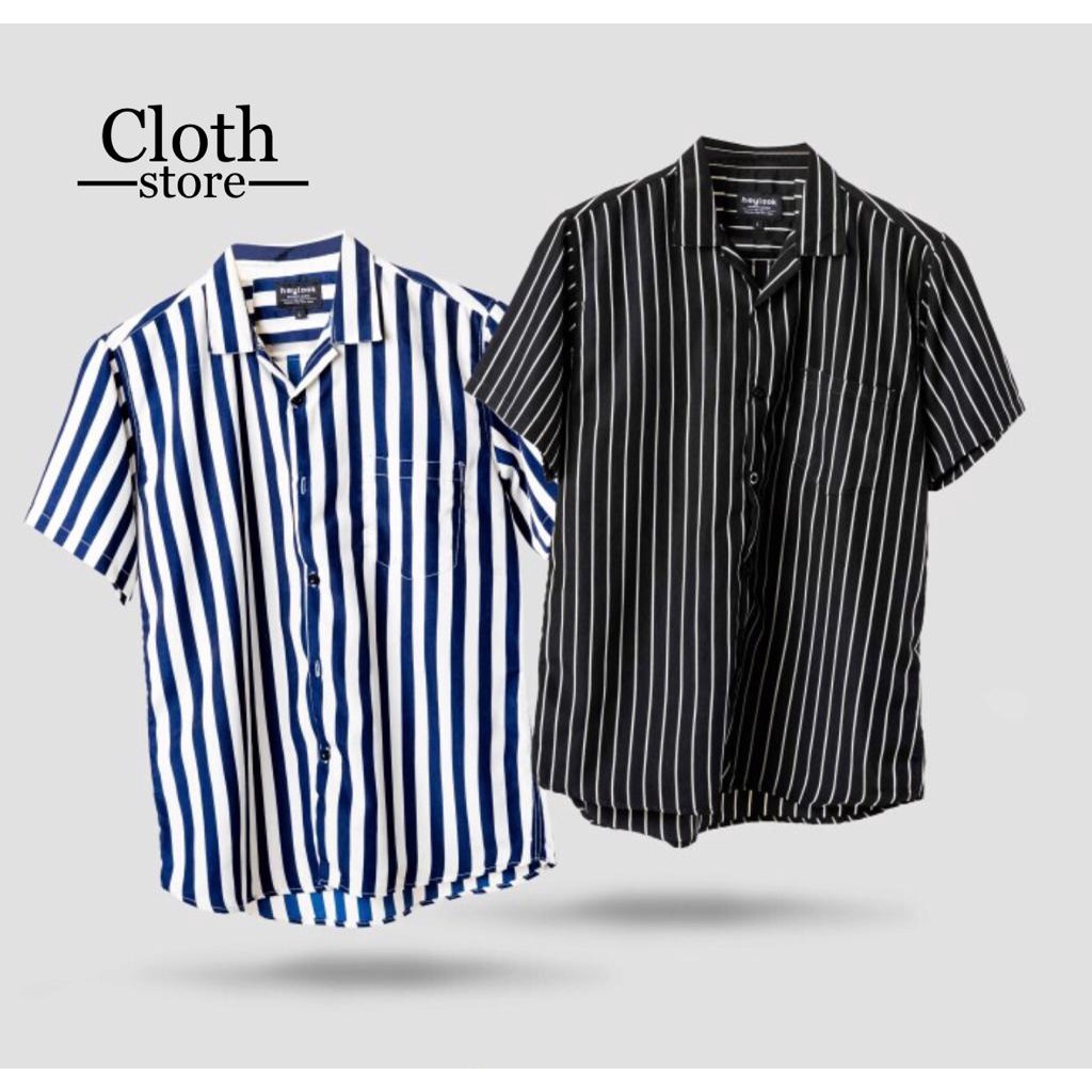 KEMEJA SALUR PRIA STRIPE LENGAN PENDEK COWOK