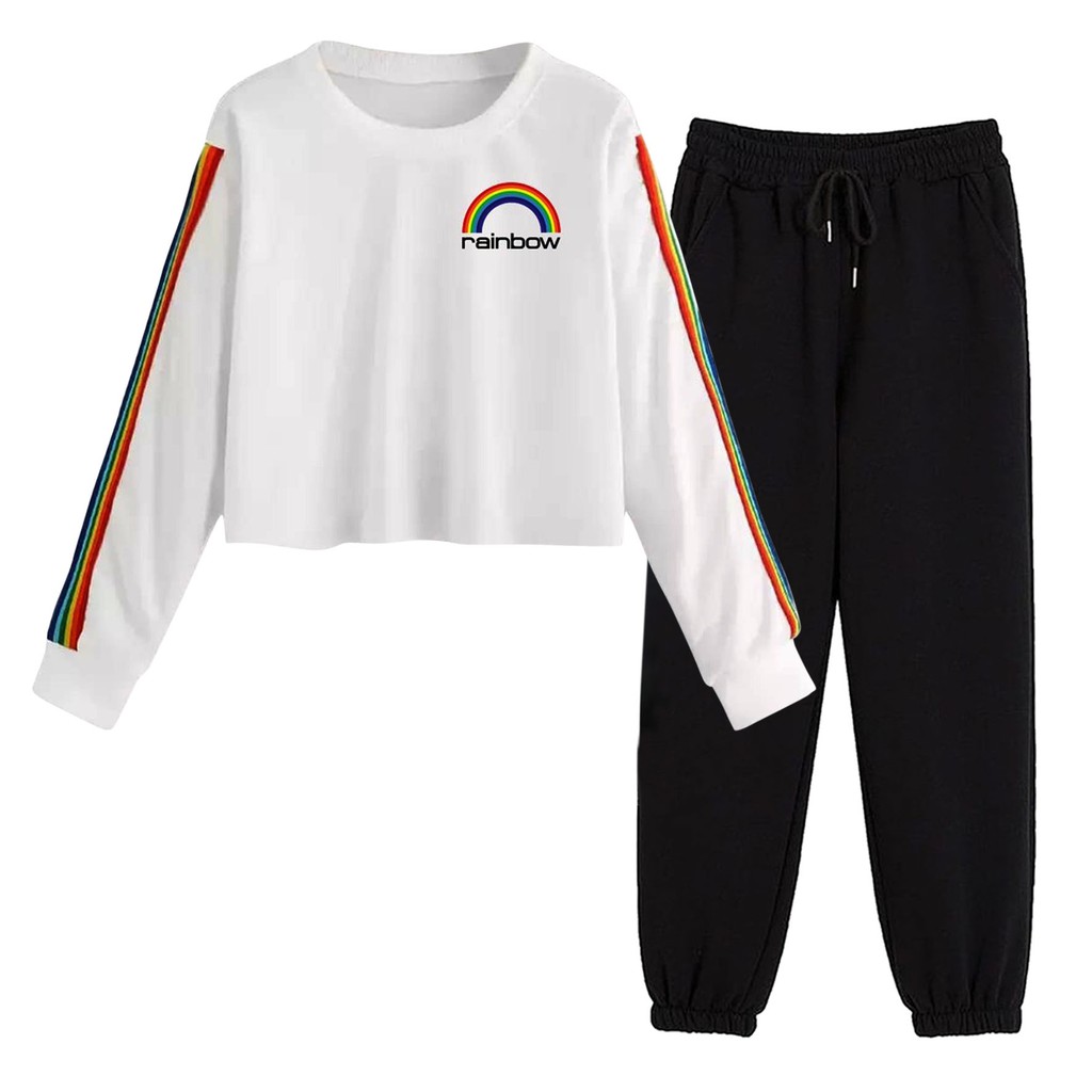 BESS - Baju Setelan Wanita Murah / Setelan Sweater Crop + Jogger Hitam - RAINBOW