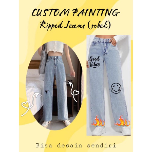 CUSTOM PAINTING RIPPED JEANS (SOBEK) LOOSE JEANS HIGHWAIST BOYFRIEND LIGHTBLUE CUPIPA.ID
