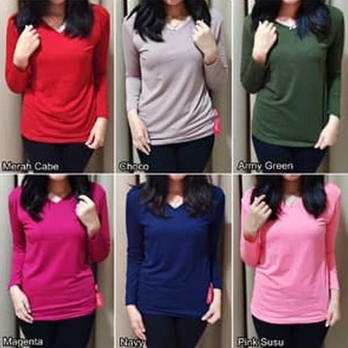 Baju Kaos Wanita Vneck Lengan Panjang - Kuning