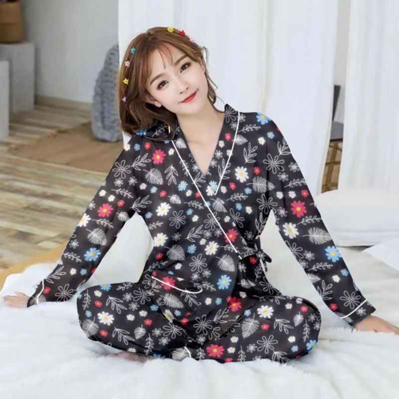 setelan kimono lengan panjang/kimono wanita/baju tidur kimono-Pp kim bunga black