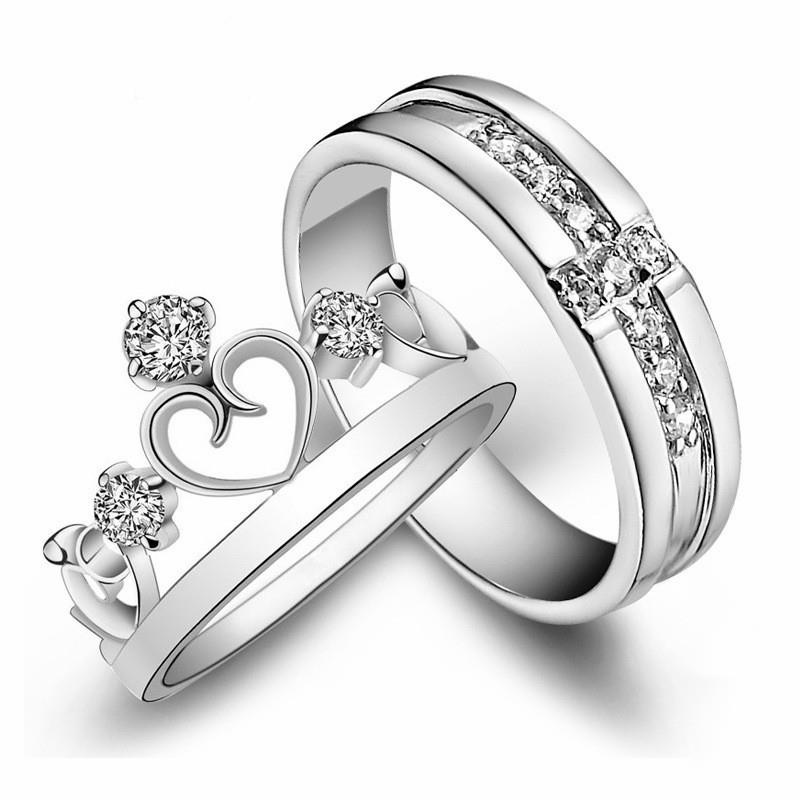 2pcs 925 Silver Cincin Pasangan Berlian Kristal Cincin Pernikahan Pasangan yang Dapat Disesuaikan Couple Ring Crystal Diamond Couple Wedding Adjustable Rings