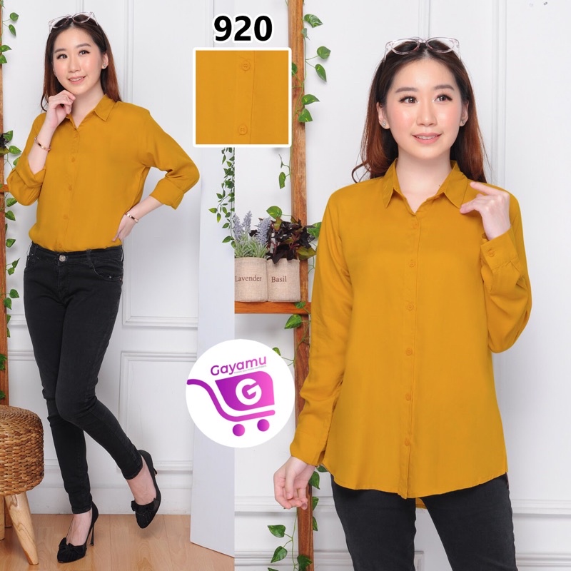 KEMEJA WANITA CASUAL LENGAN PANJANG LD 104CM-Kuning Soft