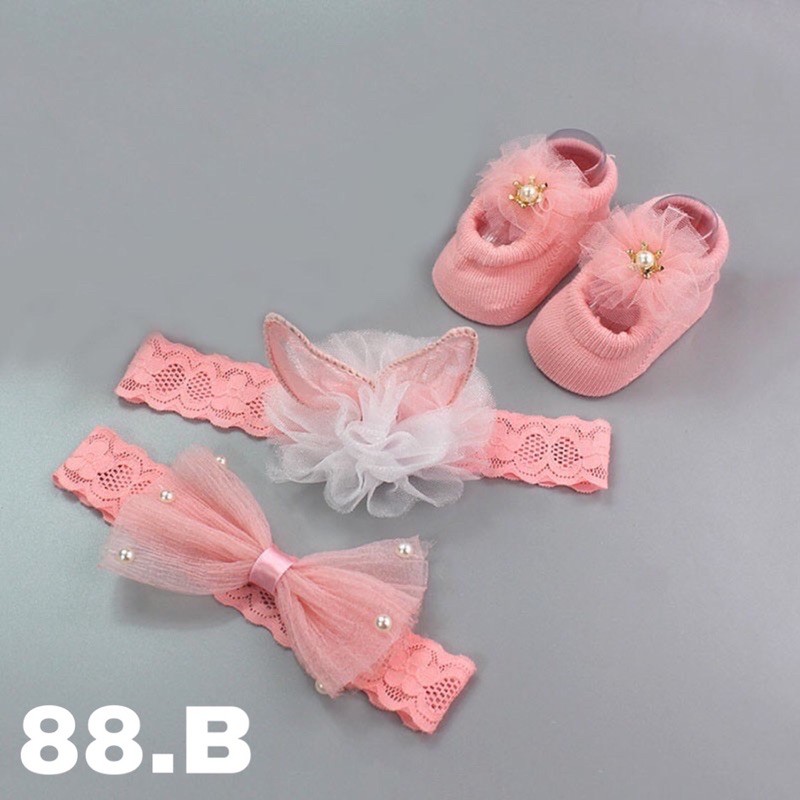 Bandana Bayi newborn rajut set sepatu Headband baby hairband shoes import lucu cute