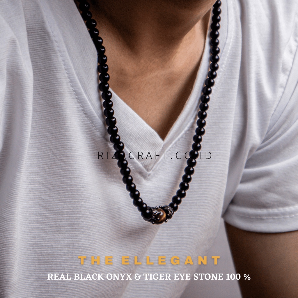 Rizacraft Kalung Batu Akik Permata Kristal Black Onyx Hitam dan Tiger Eye ASLI untuk  Pria Wanita Co