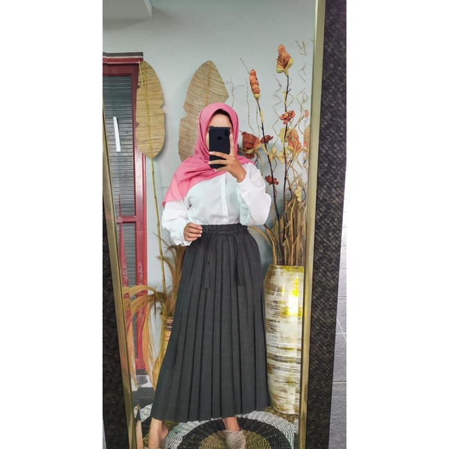 Rok Plisket Tartan Panjang Wanita Maxi Pleated Skirt Rok Tartan - Hitam