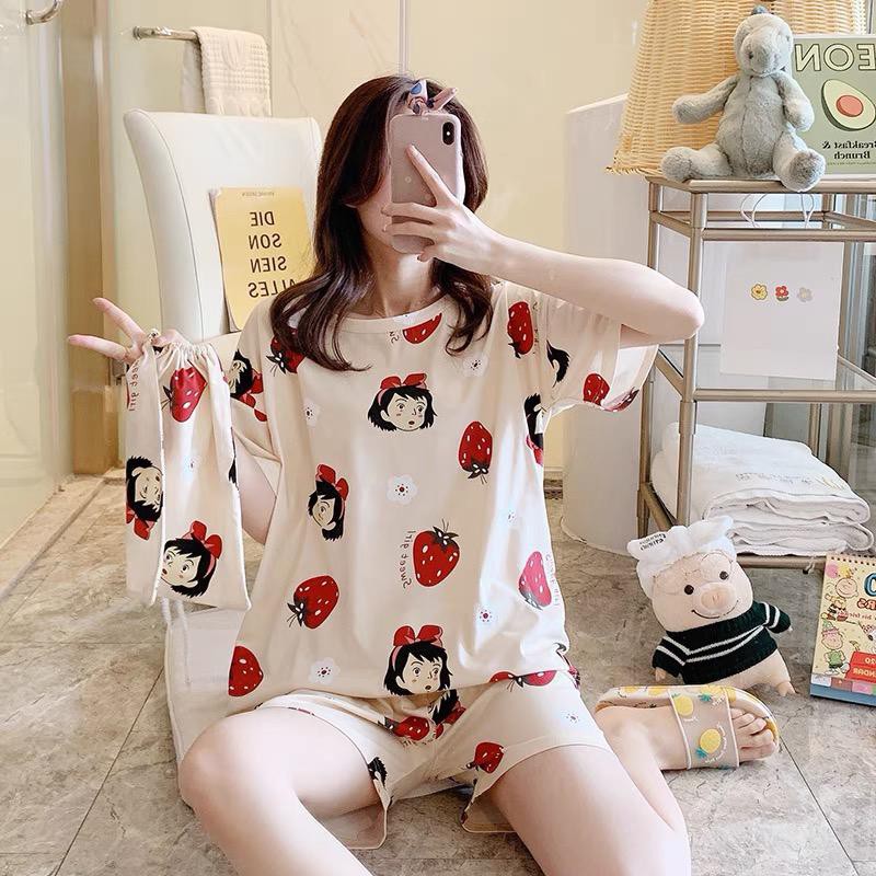 Baju Tidur Piyama Set/Piyama Wanita Import/Baju Piyama Pendek/Short Sleep Wear-K12- Stoberi Girl
