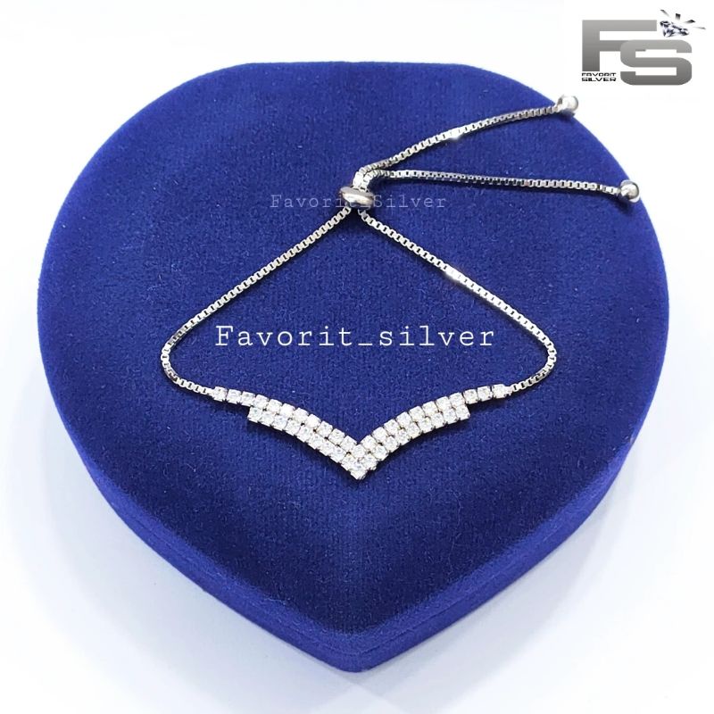 GELANG PERAK ASLI SILVER WANITA 925 LAPIS EMAS PUTIH MODEL SERUT FUJI 2 LAYER PERMATA FULL - PERHIAS