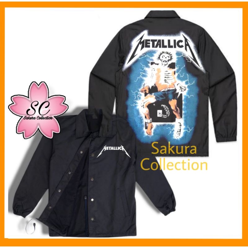 Jaket Coach BAND METALLICA DAMAGED JUSTICE BIRU logo tulisan HARD ROCK PUNK HARDCORE musik metal VINTAGE design Jacket parasut waterproof pria wanita taslan polos hitam windbreakers outdoor indoor oversize termurah terlaris BEST SELLER vintage tee murah