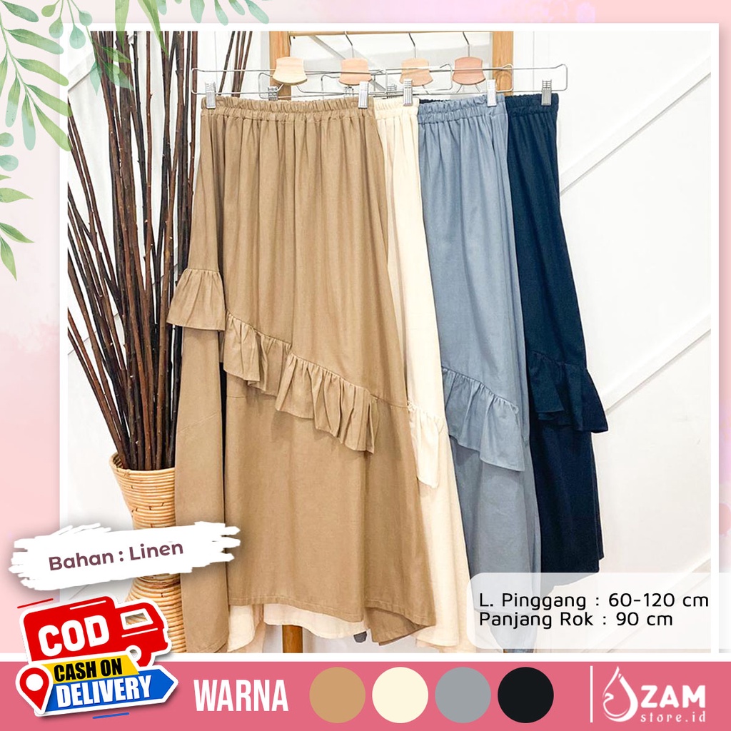 Bawahan Rok Long Skirt Kerja Panjang Wanita Trendy Linen Polos Kekinian Pinggang Karet | Bisa COD | 