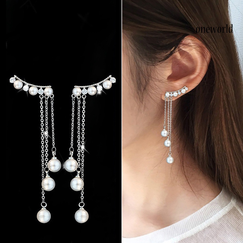 OW@ Earrings Environmental Friendly Elegant Long Style Women Tassel Faux Pearls Earrings for Wedding