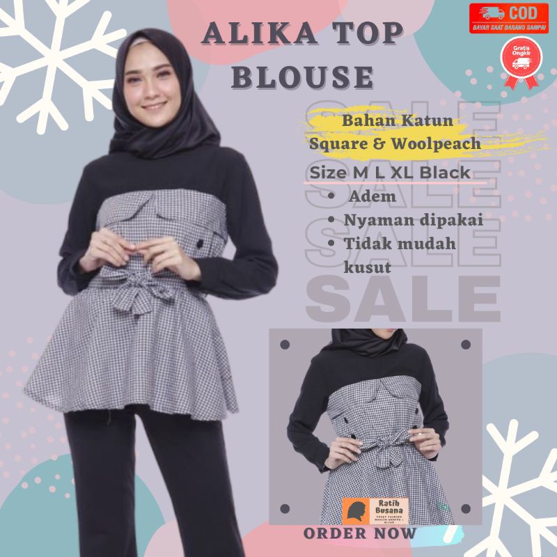 Blouse Bahan Katun Baju Atasan Wanita Lengan Panjang Original Tali Pinggang Alika Top Blouse