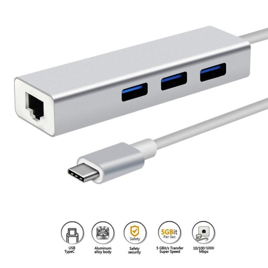 USB Type C 3.1 To LAN ETHERNET RJ45 With USB 3.0 HUB 3 Port LAN NYK - Type c TO LAN