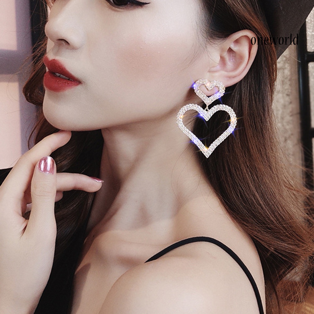 OW@ Luxury Full Rhinestone Hollow Dual Love Heart Women Stud Earrings Jewelry Gift