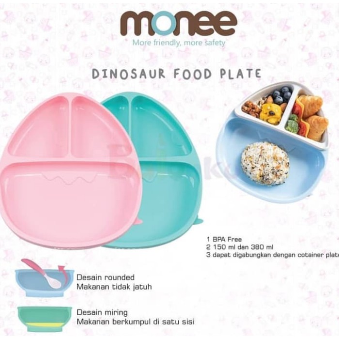 Monee Dinosaur Silicone Suction Food Plate Piring Sekat Suction