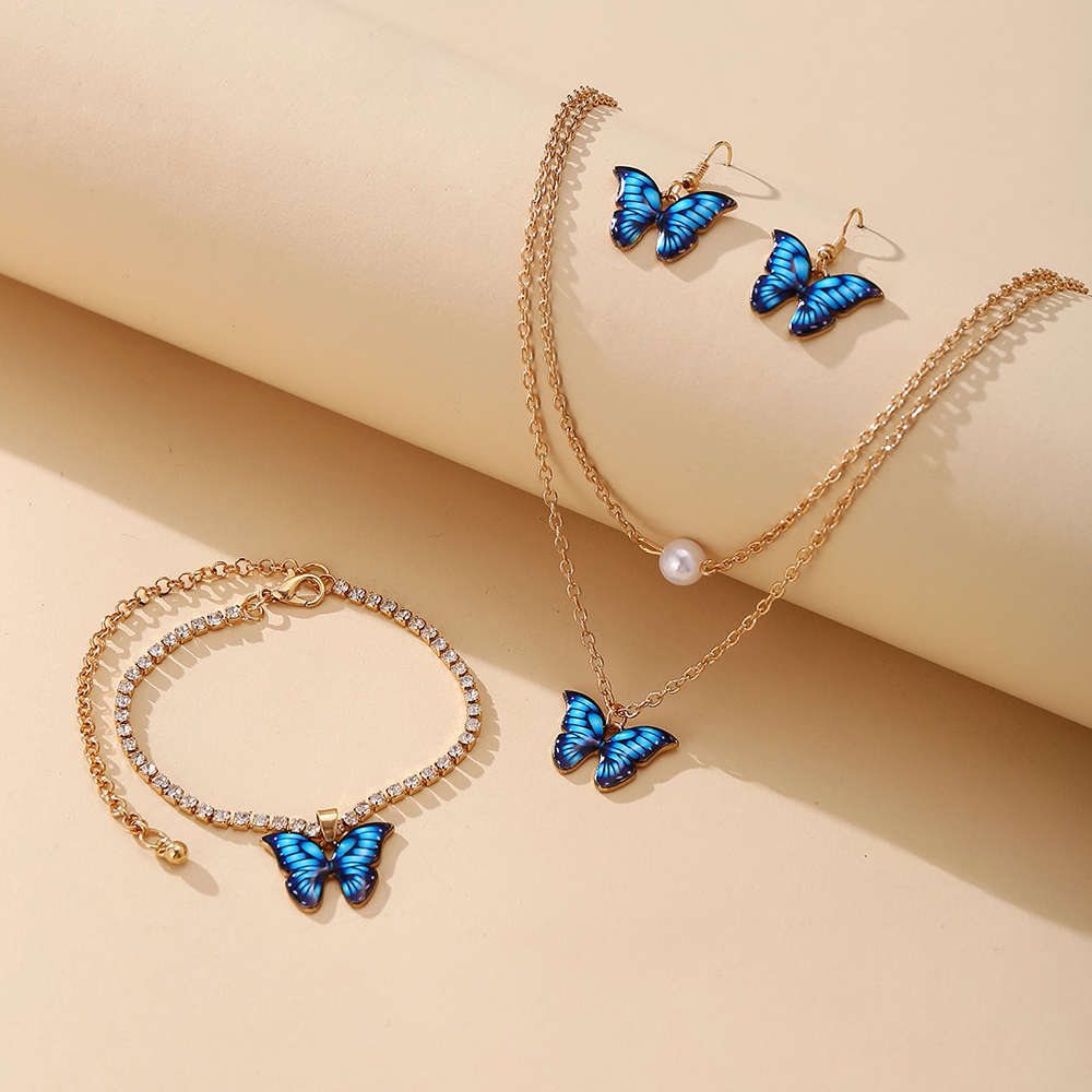 Set Anting Kalung Gelang Rantai Choker Hias Liontin Kupu-Kupu Gaya Retro Korea Untuk Wanita