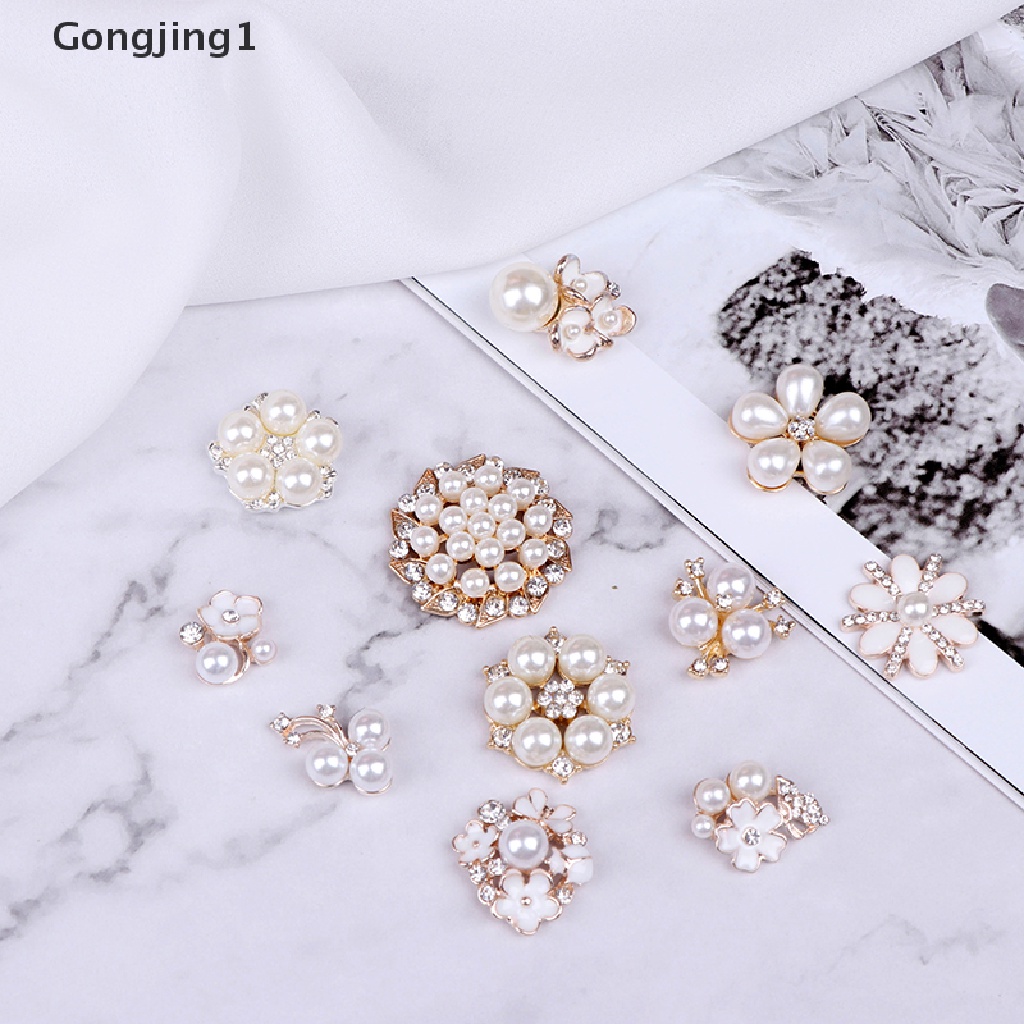 Gongjing1 10pcs Kancing Mutiara + Berlian Imitasi Flatback Untuk Kerajinan Tangan