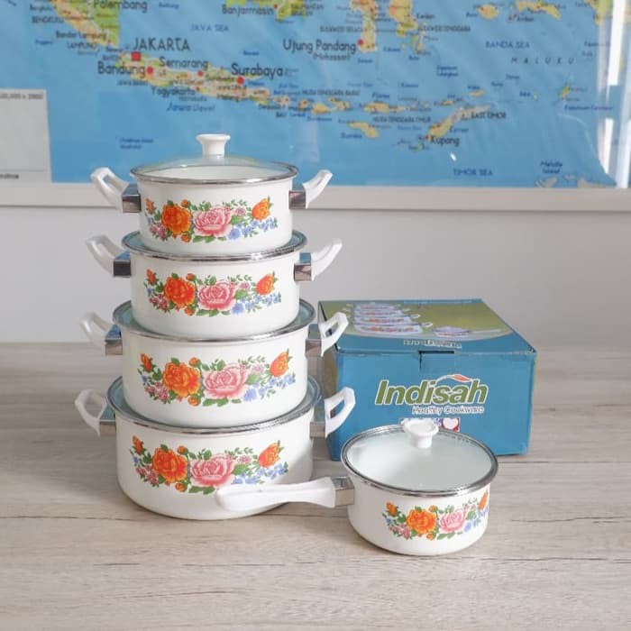 Panci Set Enamel Indisah 5 pcs Motif Bunga