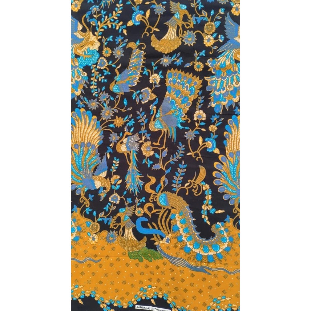 Kain Batik Katun Bunga Burung Hitam Kuning Lebar 150Cm Isi 45Meter - Hitam
