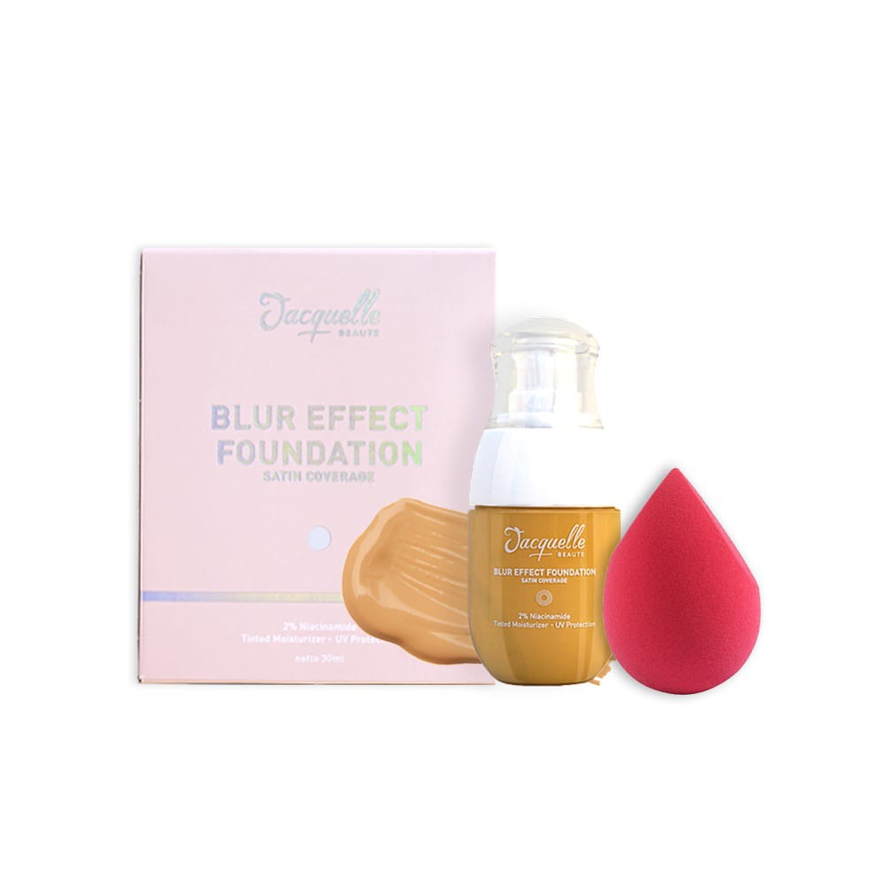 JACQUELLE Blur Effect Foundation with Beauty Sponge Berkualitas PROMO / Jacquelle Blur Effect Foundation FREE EggGang Makeup / Jacquelle Blur Effect Foundation with Beauty Sponge - Skincare in Foundation dengan Niacinamide, Allantoine &amp; Caffeine