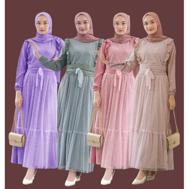 AMOR DRESS FIT M L XL XXL Baju Muslim Kondangan Hijaber Ibu ibu Tille Dot Bisa COD Gaun Pertemuan Pe