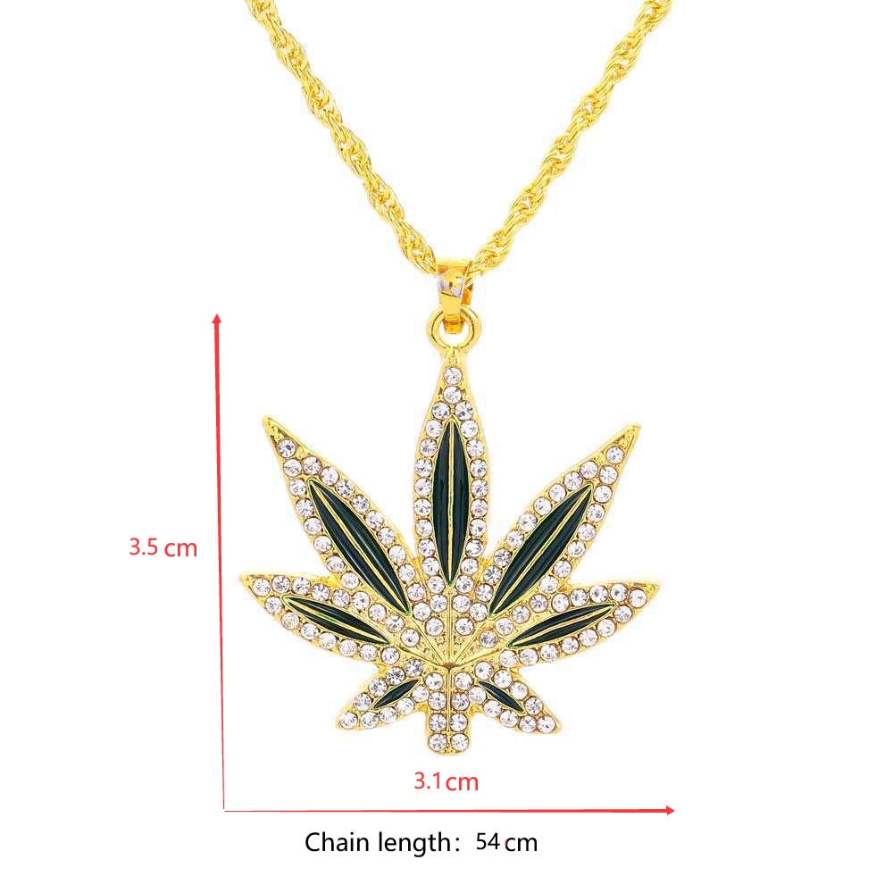 Kalung Liontin Daun Maple Lapis Emas 18K Aksen Zircon Gaya Hip Hop Untuk Pria Dan Wanita