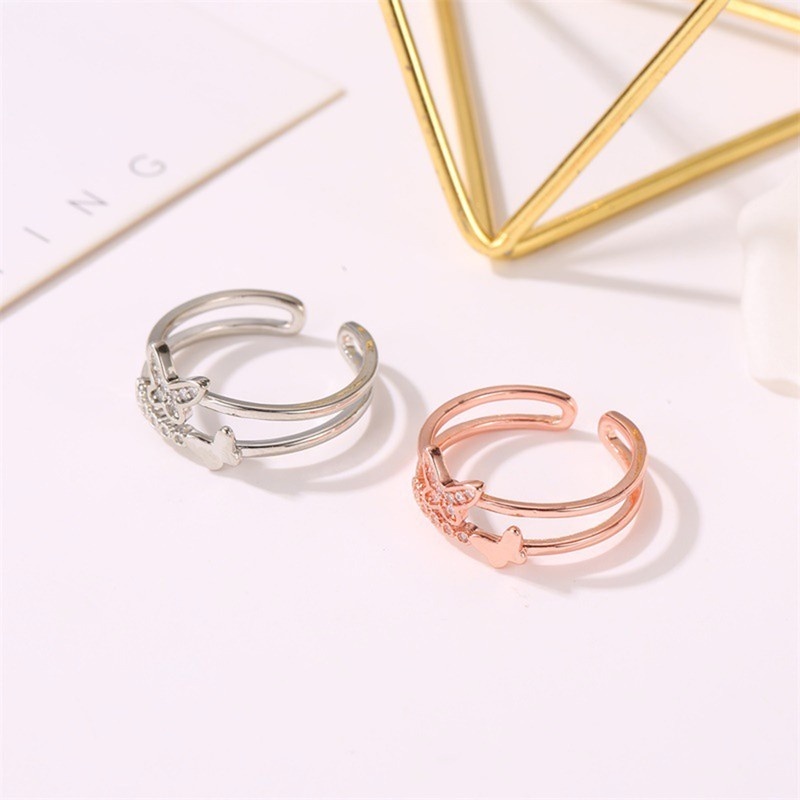 [Korean Fashion Retro Double Layer Crystal Butterfly Adjustable Open Rings For Women] [ Elegant Ladies Smooth Fine Thin Finger Ring] [Lovely Jewelry Gifts For Girl Friends]