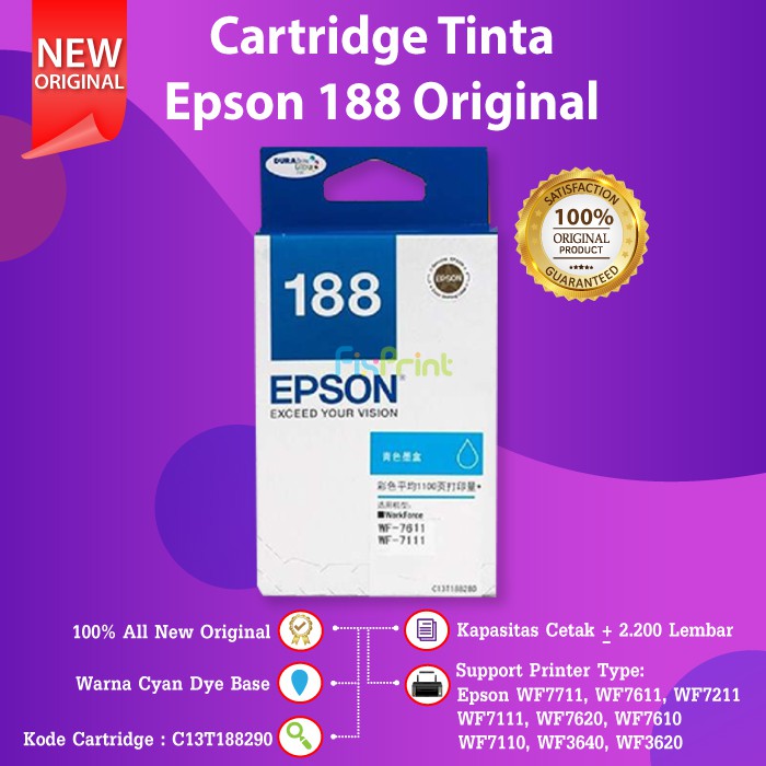 Epson 188 T188 Cartridge Tinta Printer WorkForce WF-7711 WF-7611 WF7711 WF7611 WF7211 WF7111 WF7621