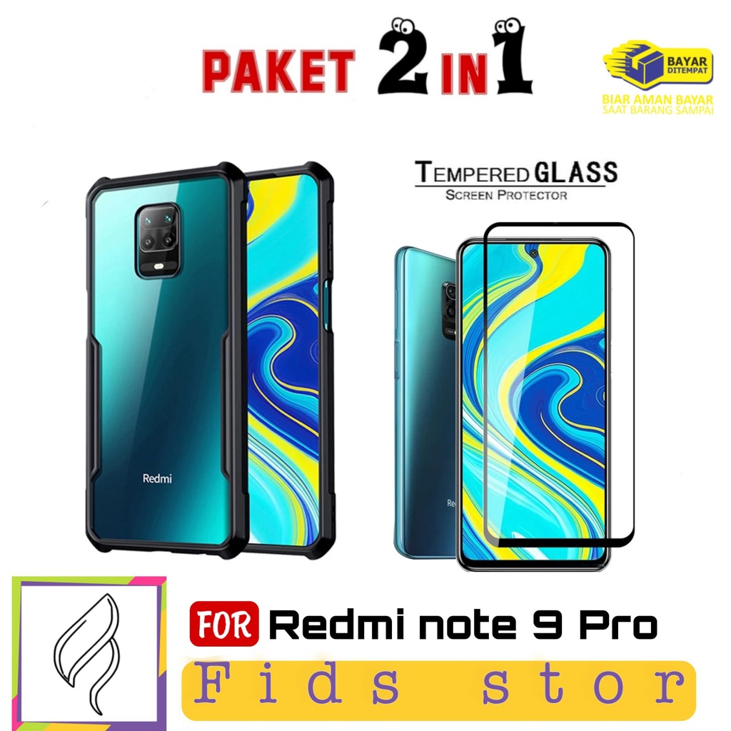 PROMO 2in1 CASE XIAOMI Redmi Note 9 Pro/ Note 9 / Redmi 9 ShockProof Transparan Free Tempered Glass Full Cover Black