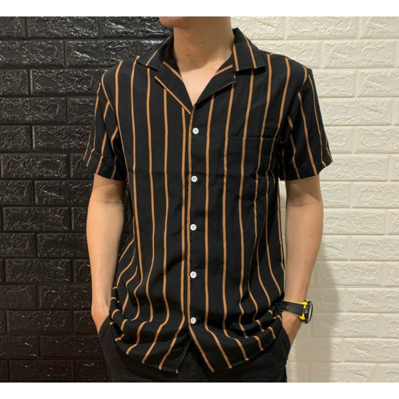 Kemeja Salur Pria Stripe Baju Kemeja Salur Pria Lengan Pendek Slimfit Big Size Kemeja Surfing Distro