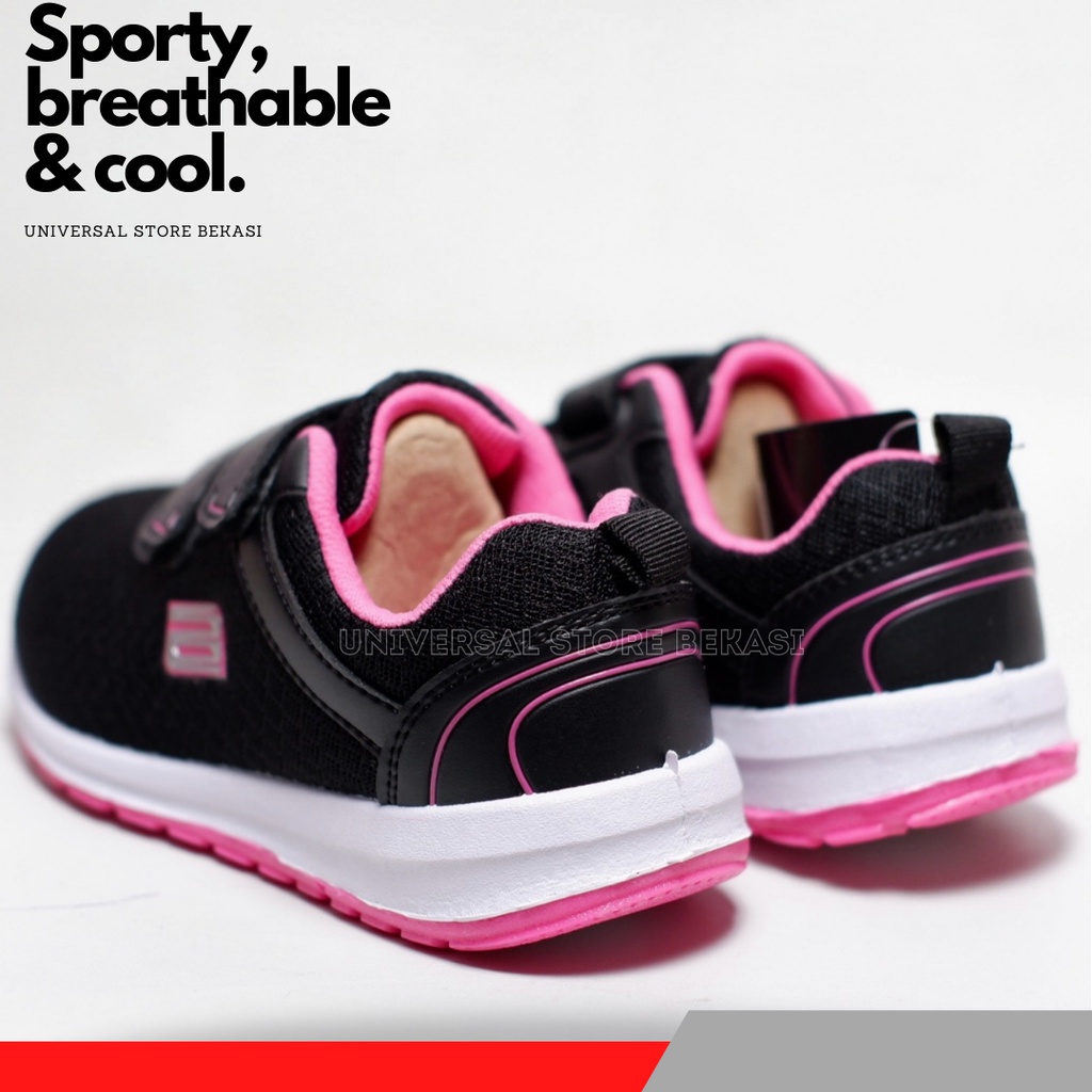 Sepatu Anak Sekolah Perempuan Paud TK Kelas 1 SD Anak-anak Cewek Kecil Ando Perekat Hitam Full Pink Spatu Sneakers Skolah Usia 4 5 6 7 Tahun Size 29 30 31 32 -Aida -