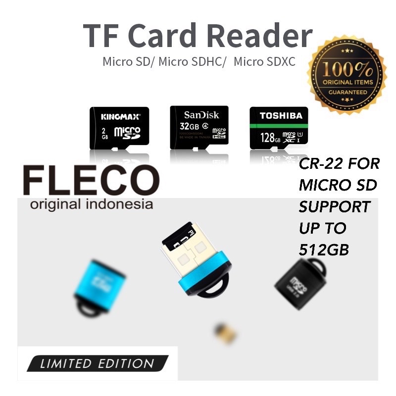PROMO CARDREADER METALIC FLECO CR22 MICRO SD FASTER TRANSMISSION SPEED UP TO 512GB