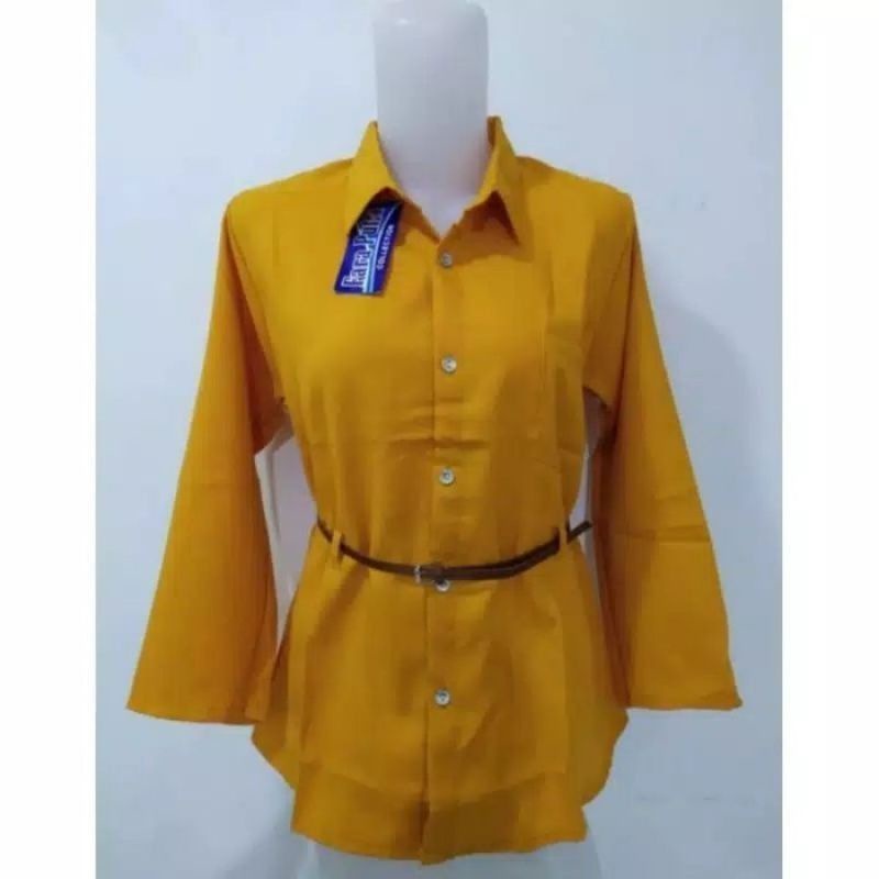Kemeja Wanita Atasan Blouse Casual Polos Lengan Panjang Kekinian Bahan Moscrep Free belt model Korea-4