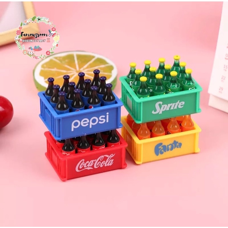 Miniatur Minuman Soda Set skala 1:12 - Miniatur Krat Botol Minuman Coca cola / Fanta / Sprite / Peps