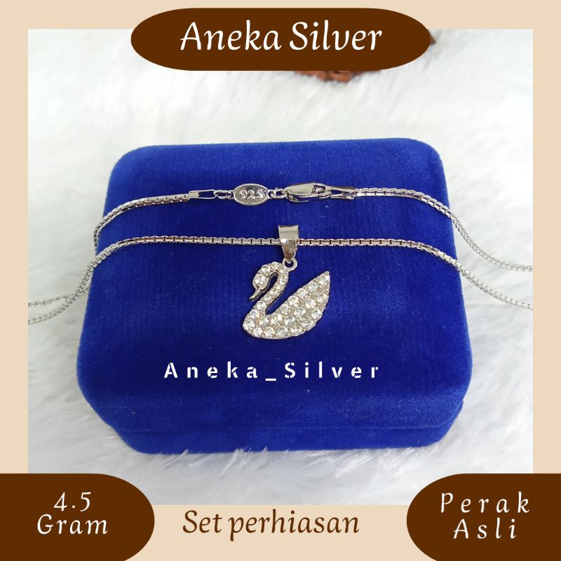 Kalung Itali Santa + Liontin Angsa, Perak 925, Sepuh Emas Putih
