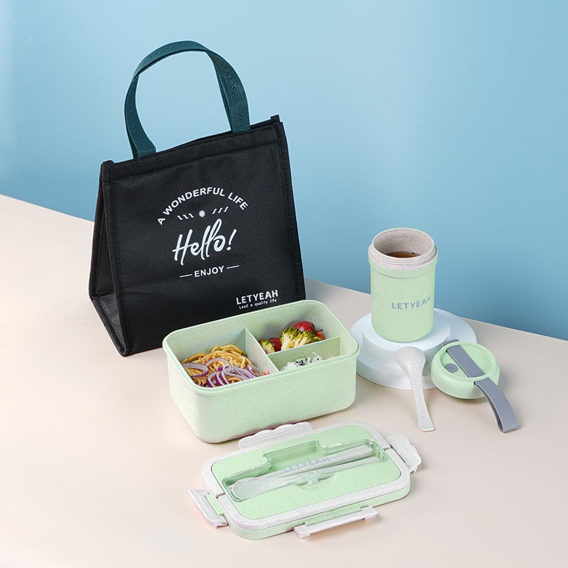 Letyeah &amp; Kaizenliving Lunch box set anti tumpah/ jerami gandum kotak makan set /lunch box tas set portable