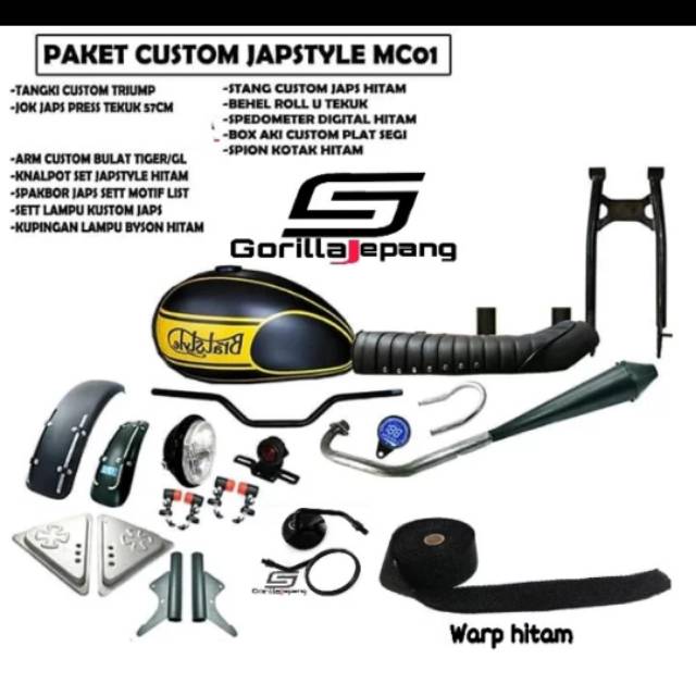 paket costum japstyle lengkap - arm costume bulat - lampu depan japstyle - wrap knalpot - sein palu