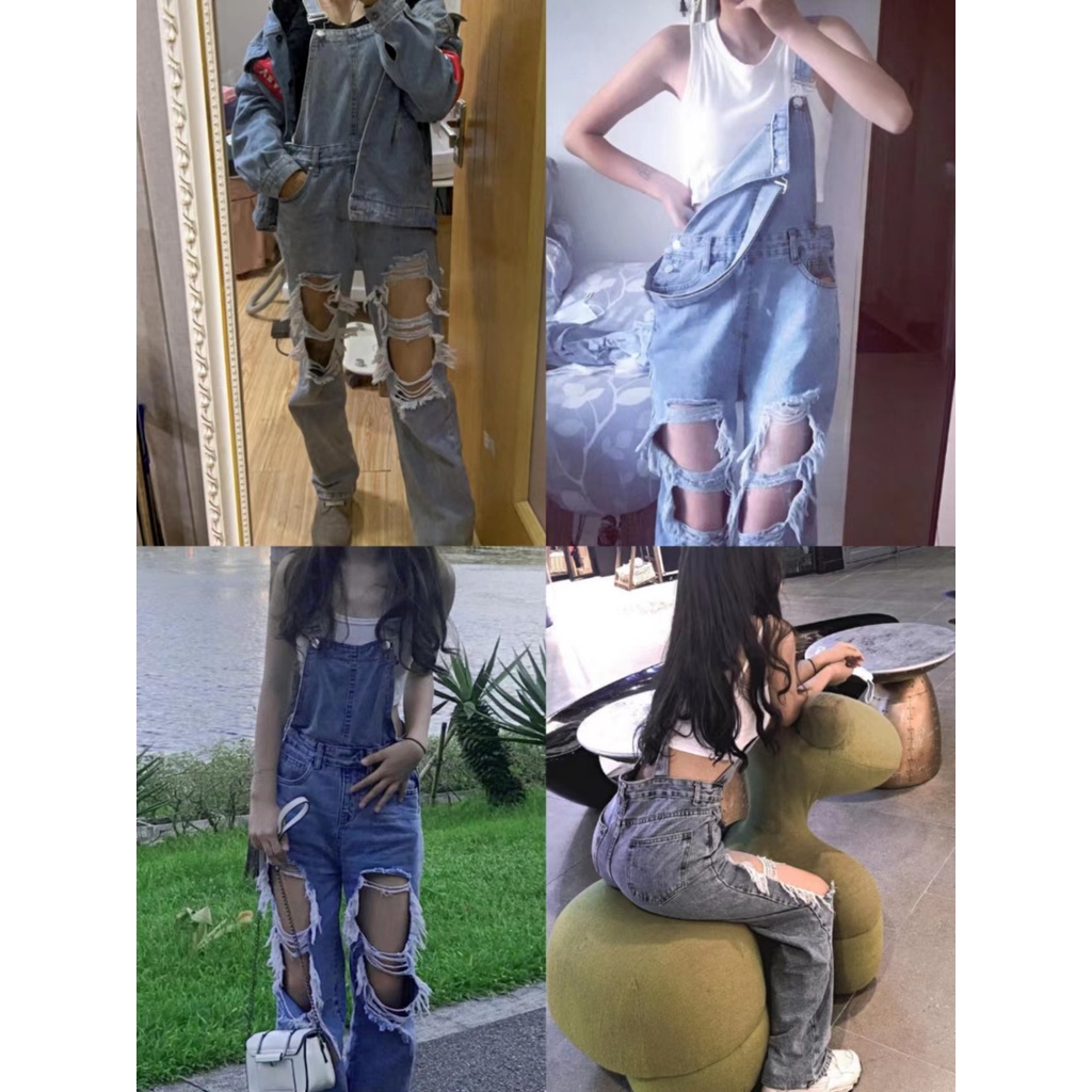 Overall selera desain khusus wanita baru longgar dan sobek tipis suspender jeans celana kaki lebar k