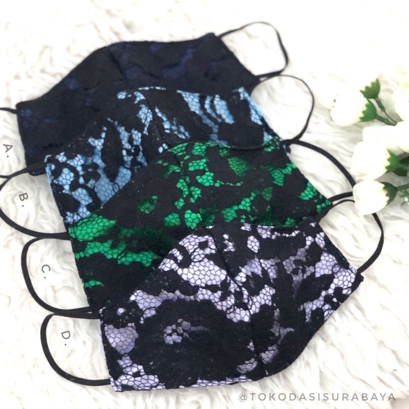 masker kain fashion 3ply brukat lace pesta earloop/ hijab headloop biru ungu hijau silver abu navy