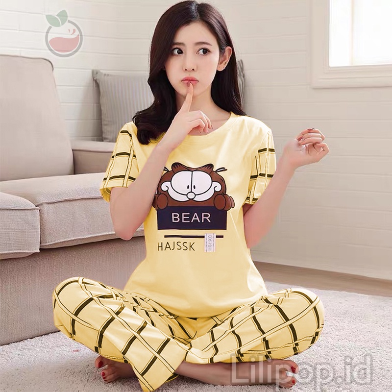 Baju Tidur Stelan Wanita Celana Panjang Baby doll Dewasa Piyama Allsize Cp Lilipop Sleep Wear-Garfield kuning