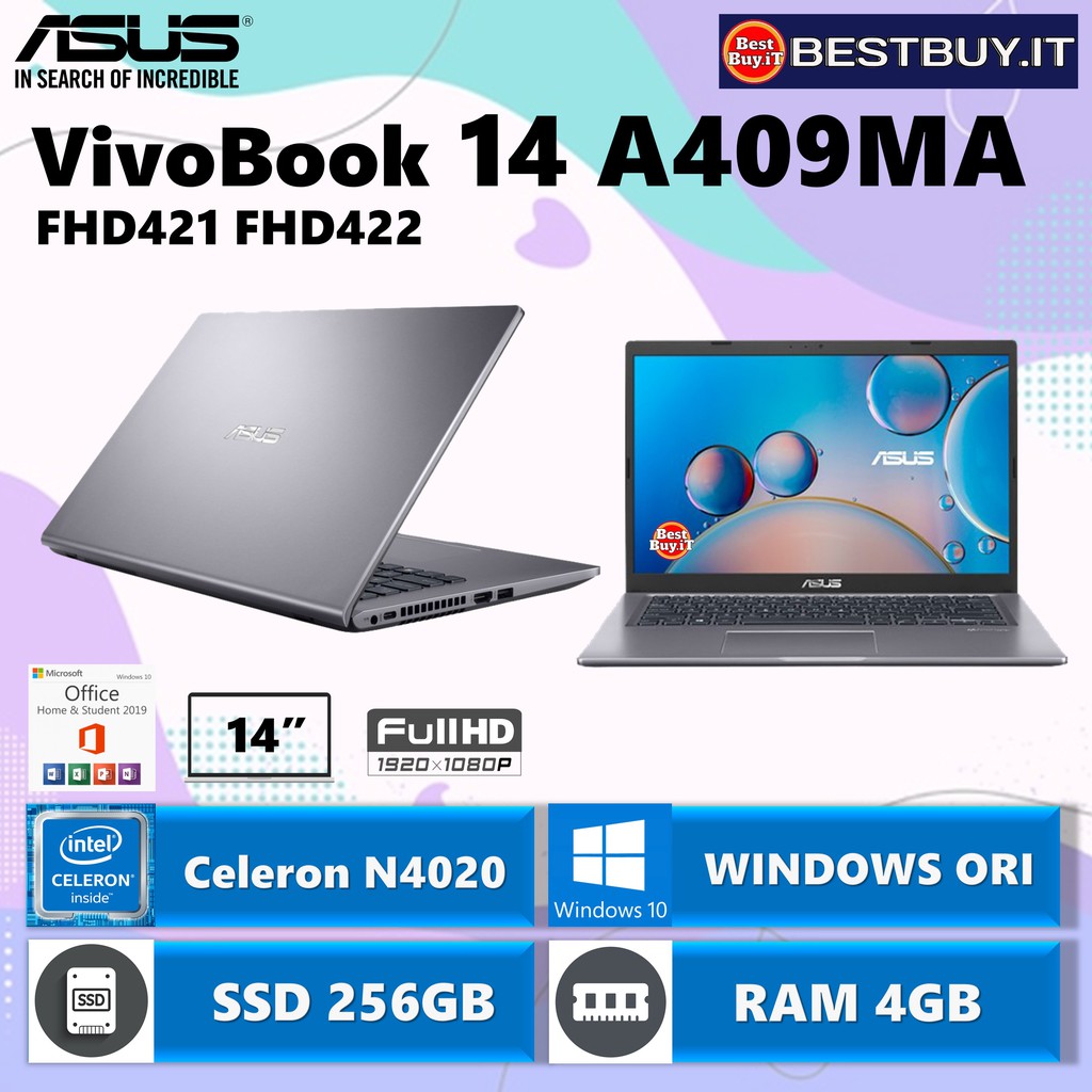 LAPTOP ASUS VIVOBOOK 14 A409MA N4020 4GB 256GB SSD 14" FHD W10 OHS
