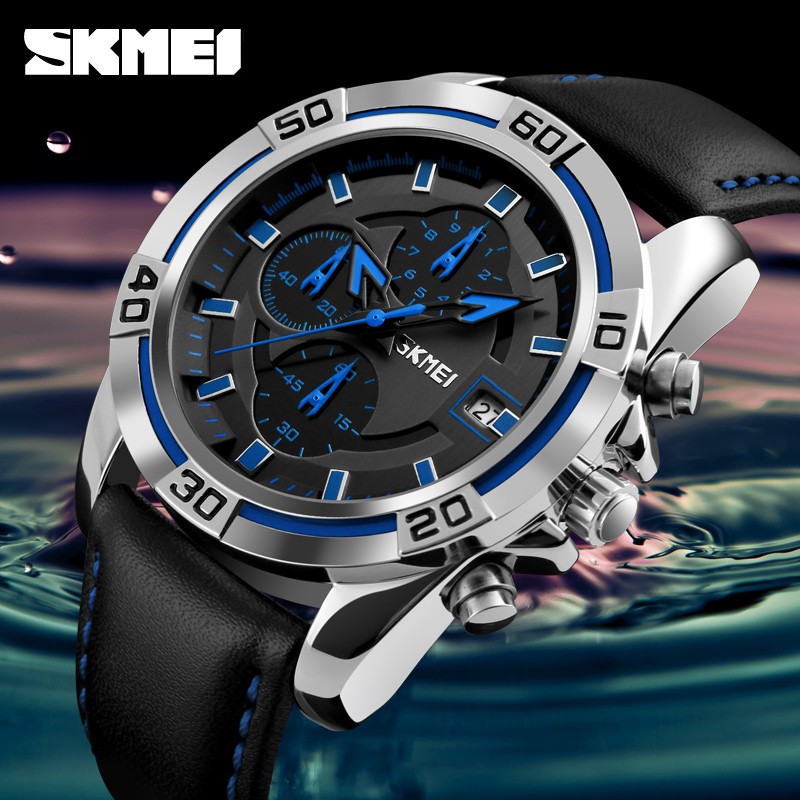 SKMEI 9156 Jam Tangan Pria Analog Chronograph Tali Kulit WATCHKITE WKOS