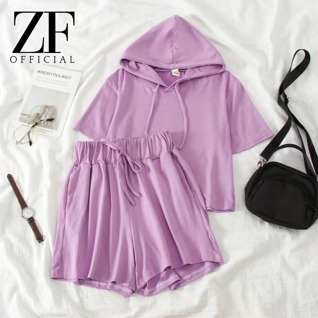 Setelan Kaos Hoodie Wanita Dewasa Lengan Pendek Katty Set