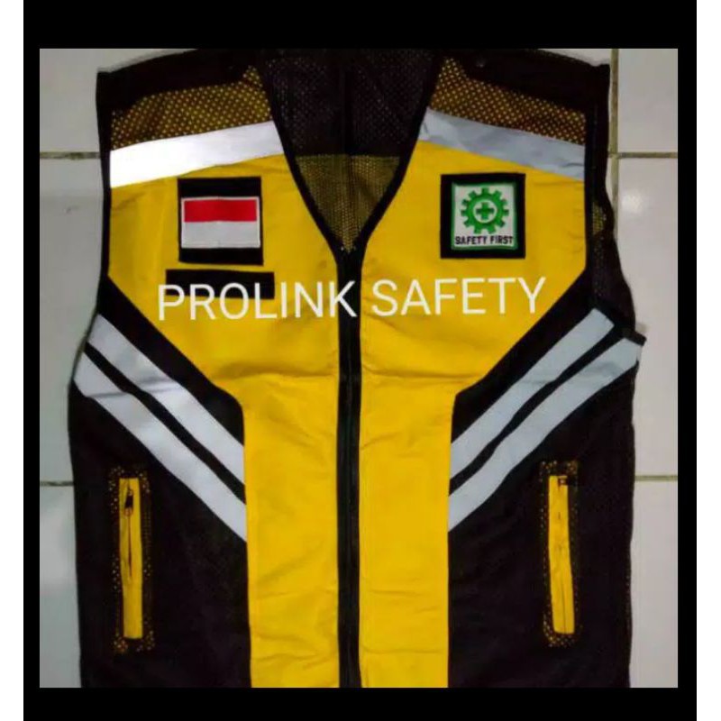 ROMPI SAFETY KUNING HITAM BAHAN TASLAN SAMPING JALA LOGO BORDIL K3 DAN BENDERA