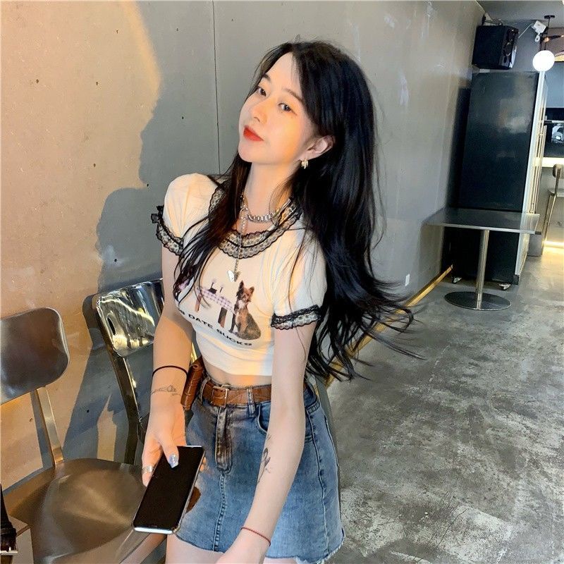 atasan renda import skinny lace atasan cropped navel print atasan lengan pendek wanita Hyuna Port