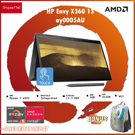 HP Envy x360 13-ay0005AU - AMD Ryzen 5 4500 8GB 512ssd Vega 8 W10+OHS 13.3FHD